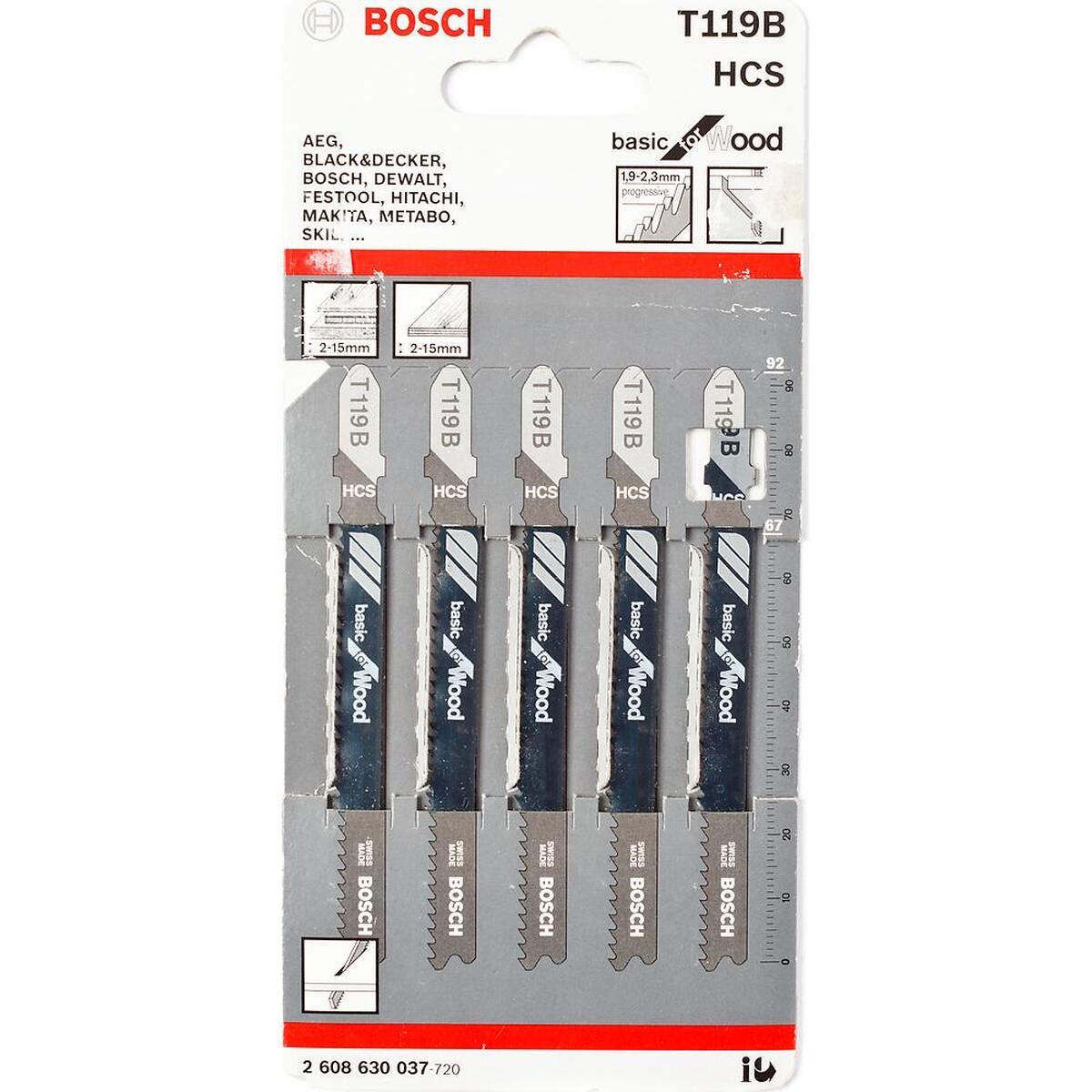 Набор пилок для лобзика по дереву Bosch T119B 92мм 5шт (037) — Фото 1